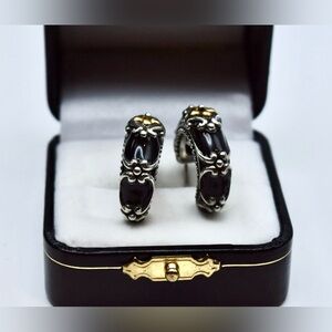 Barbara Bixby Sterling Silver 925 18K Gold Black Enamel Ornate Hoop Earrings